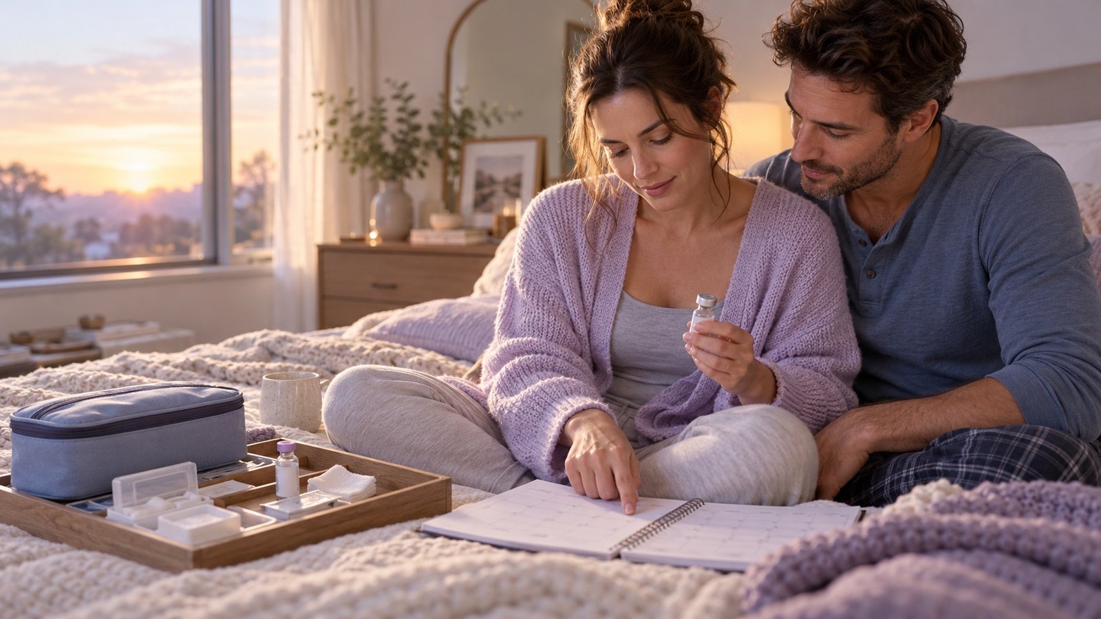 Adult couple organizing an assisted-reproduction preparation kit in a private home setting