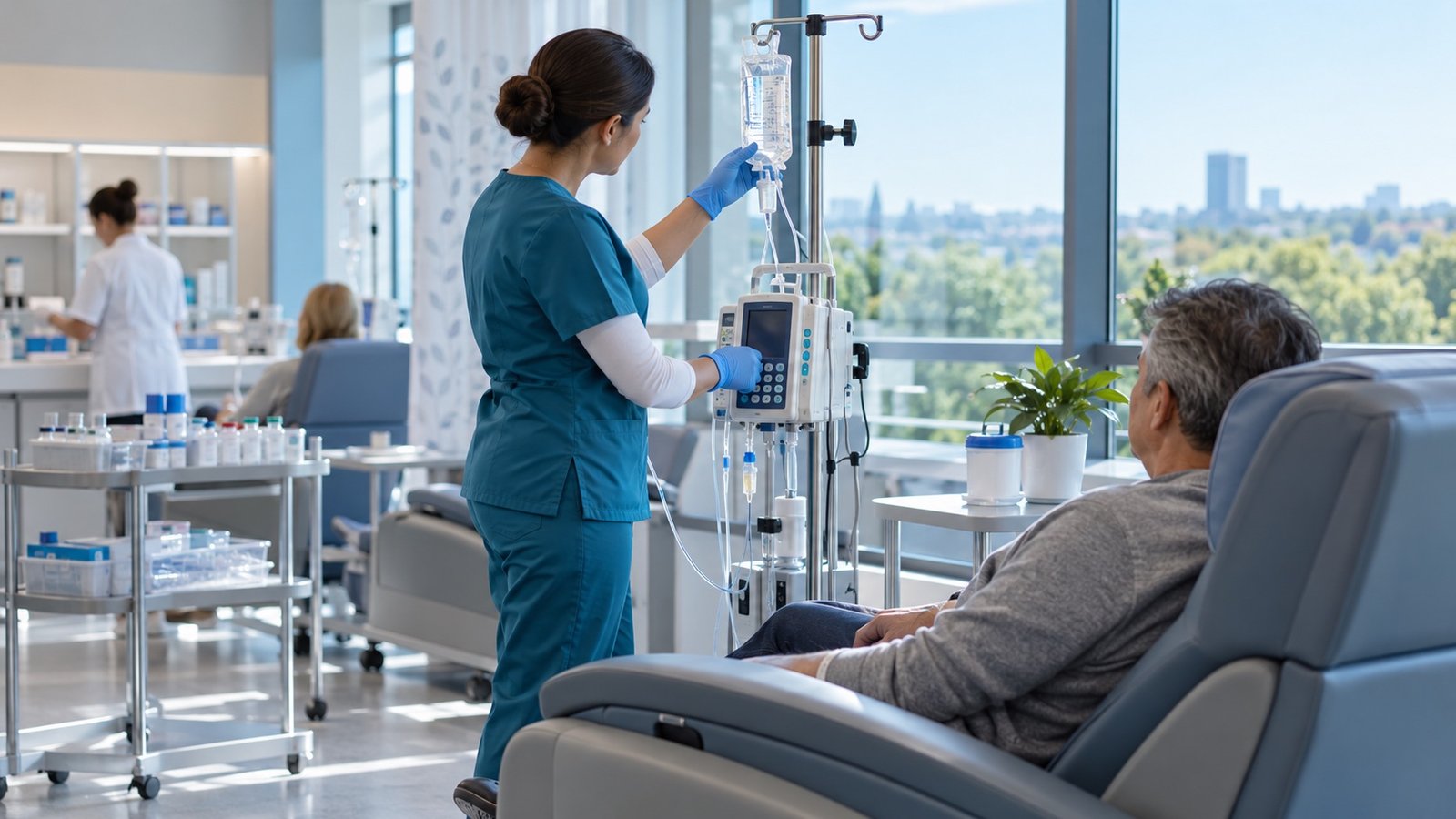 Professional biologic infusion setting with nurse, infusion pump and adult patient