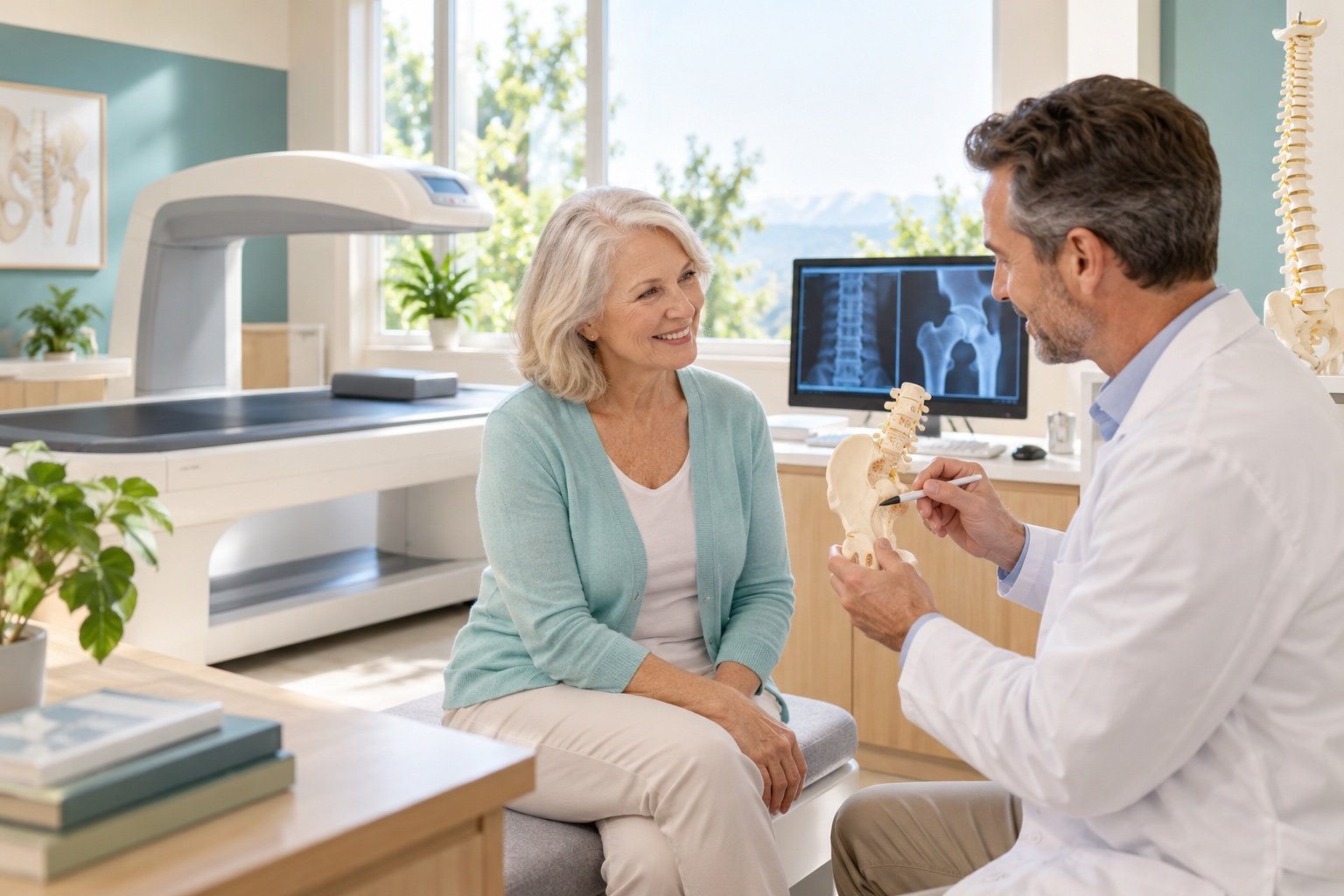 Bone-health consultation with bone-density equipment and anatomical spine model