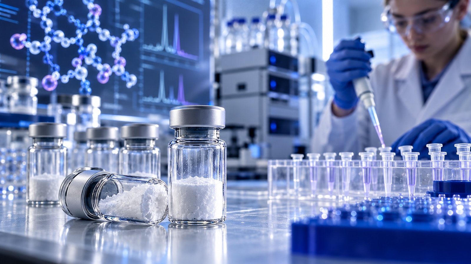 Peptide formulation laboratory with freeze-dried powder vials and analytical equipment