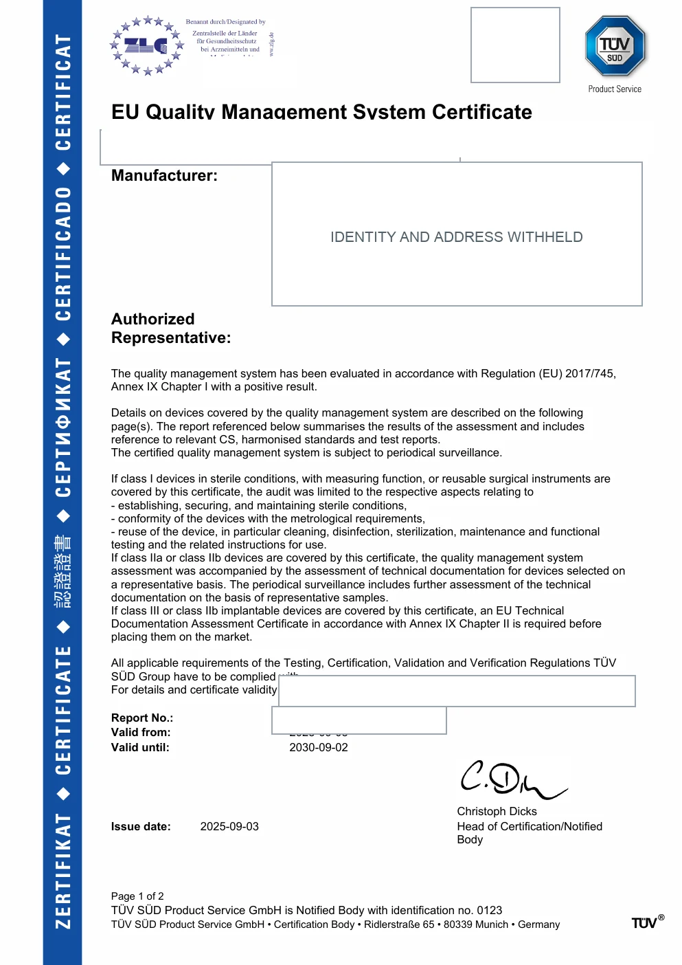 Redacted EU Quality Management System Certificate