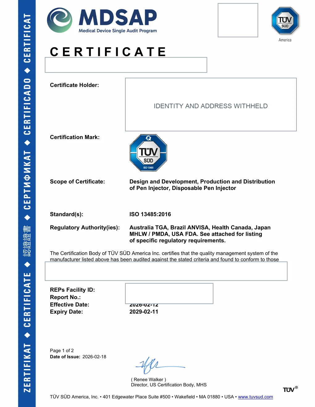 Redacted manufacturing quality-system certificate preview