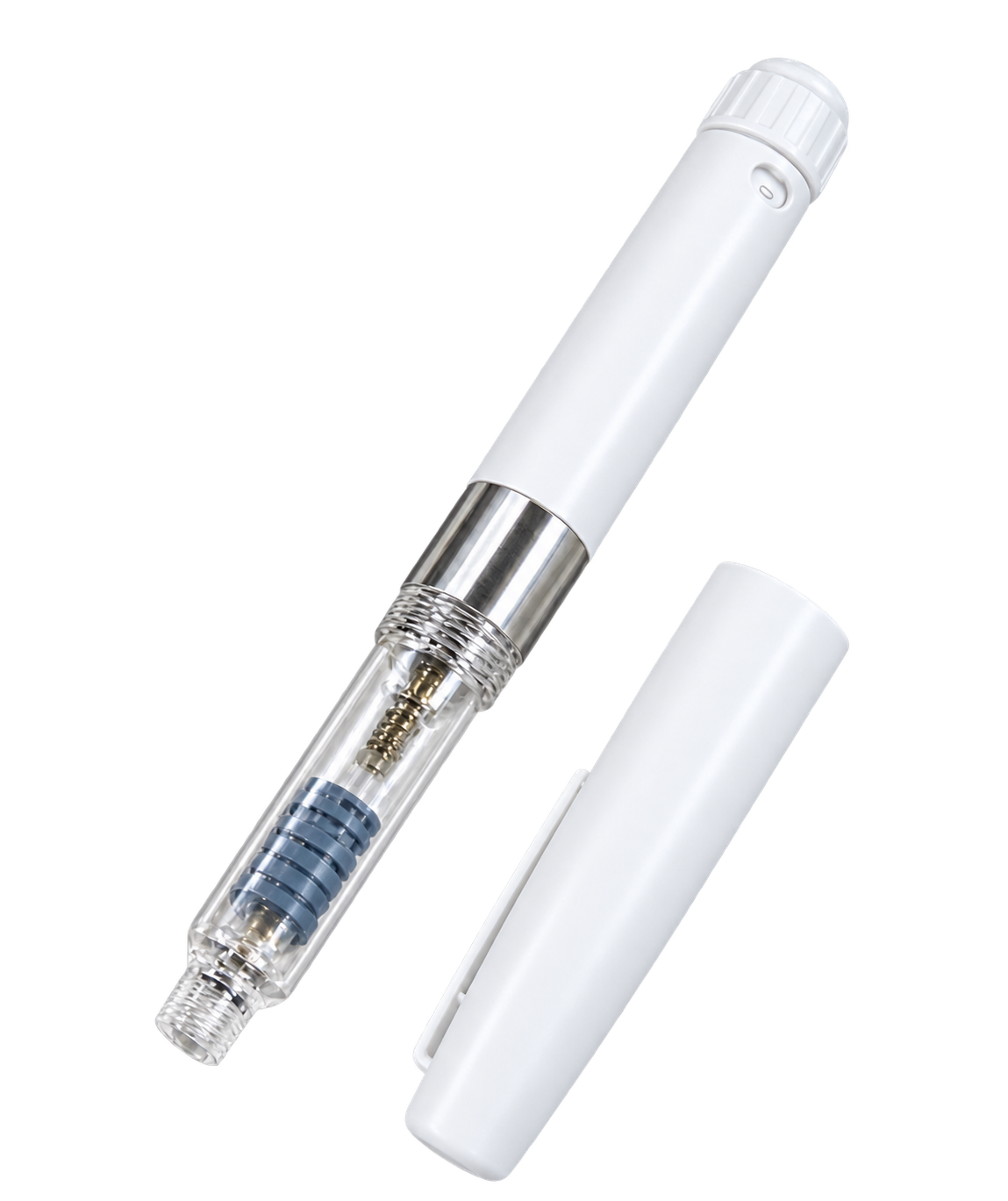 Reusable dual chamber pen shown open with its cartridge visible